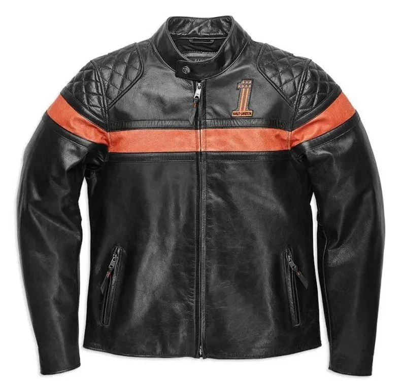 Harley-Davidson Men's Leather Motorcycle Jacket Black Orange Biker Ri - Image 2 of 3