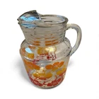 VTG. Anchor Hocking Glass Pitcher Orange/Yellow Flowers, 9”