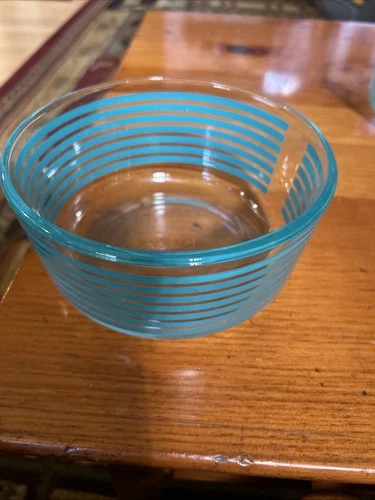 Vintage Pyrex Turquoise and Clear Striped Glass Bowl, made in the USA, 1 quart