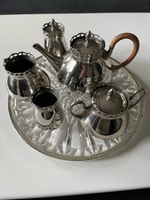 5tlg. Vintage Art D&eacute;co Tee-Set &bull; Royal Holland Pewter &bull; Zinn & Kristallglas  TOP