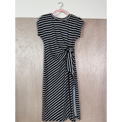 Ann Taylor LOFT Black White Striped Side Tie Textured Knit Midi Dress Womens XS