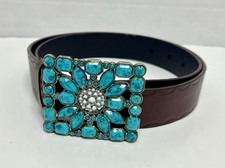 Genuine Leather Turquoise Stone  Rhinestone Bold Western Statement Belt Size M