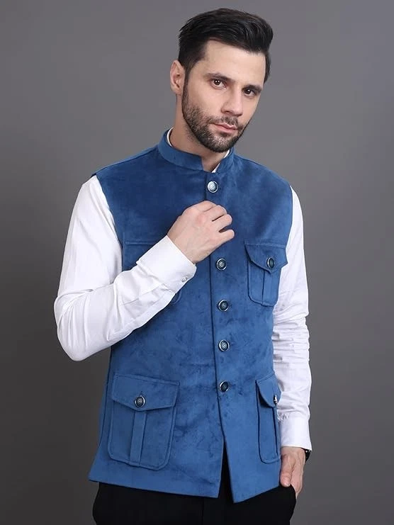 Chaqueta de recepción de terciopelo azul de 4 bolsillos para hombre Chaleco estilo indio Chaqueta Foto 3 de 4