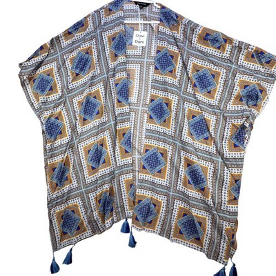Davi & Dani Kimono Women 3XL Blue Boho Geometric Patchwork Tassel  NWT