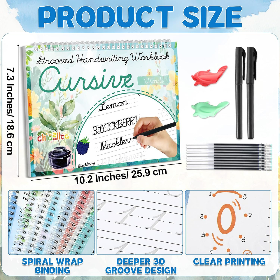 8 Pack Grooved Cursive Handwriting Workbook with Disappearing Ink Pens ...
