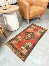 2x3 Vintage Red Rug, Turkish Small Rug, Handmade Wool, Bath Mat, Door Mat