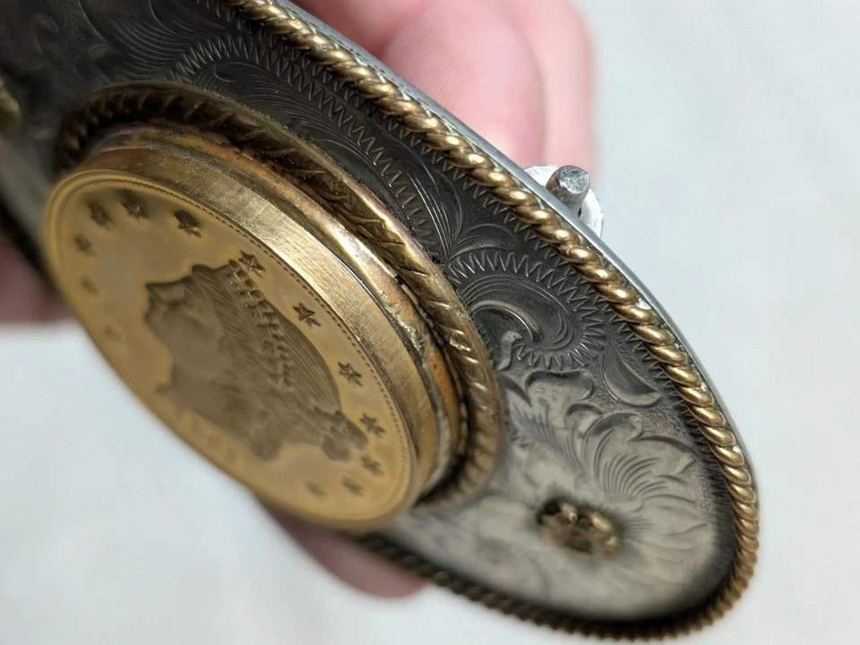 1861 vintage MORGAN gold coin MONTANA SILVERSMITHS belt buckle 20 dollar WESTERN - Image 4 of 4