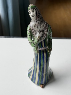 Early 20th C Hand Painted Ceramic Woman Figure Signed Folk Art Sculpture