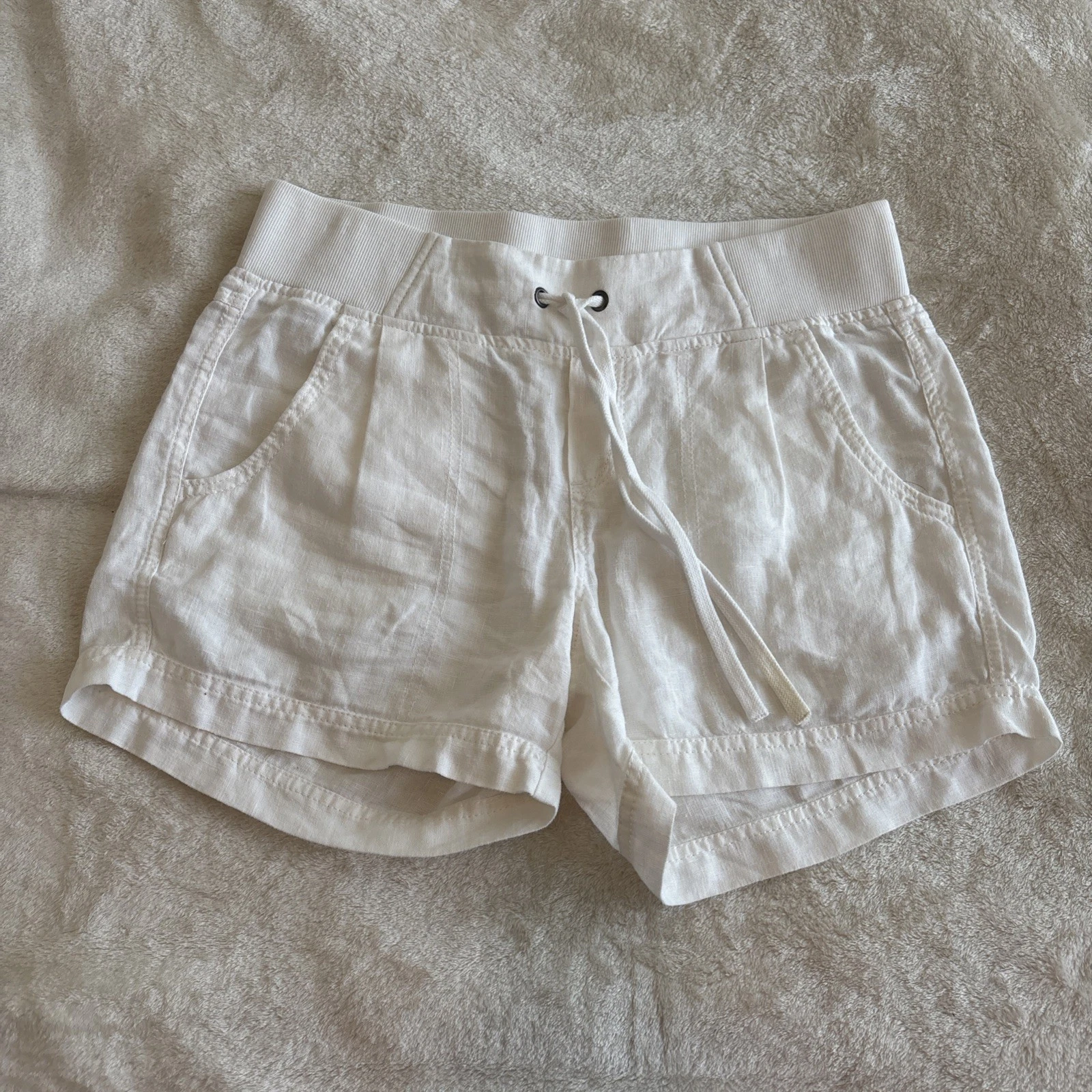 Athleta 100% Linen Shorts Women 8 White Flat Front Loungewear Beach Outdoor