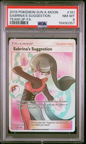 2019 POKEMON SUN & MOON TEAM UP #181 FULL ART/SABRINA'S SUGGESTION PSA 8
