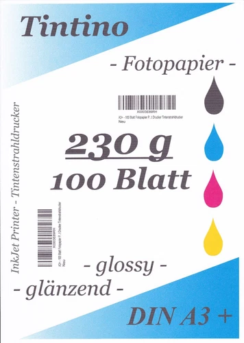 TINTINO Fotopapier 100 Blatt DIN A3+ (ca. 330x480mm) 230g/m²  ÜBERFORMAT A3plus!