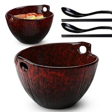 Ramen Bowl with Chopsticks and Spoons Ceramic Set of 2 Dishwasher Safe for Pho