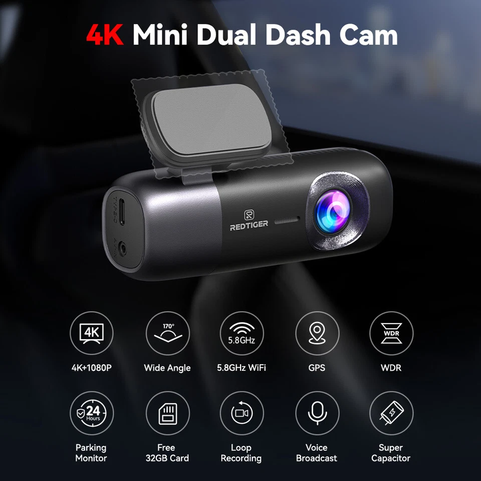 REDTIGER Dash Cam 4K Front and Rear Dash Camera WiFi GPS with Free 64GB SD Card - image 2 of 4