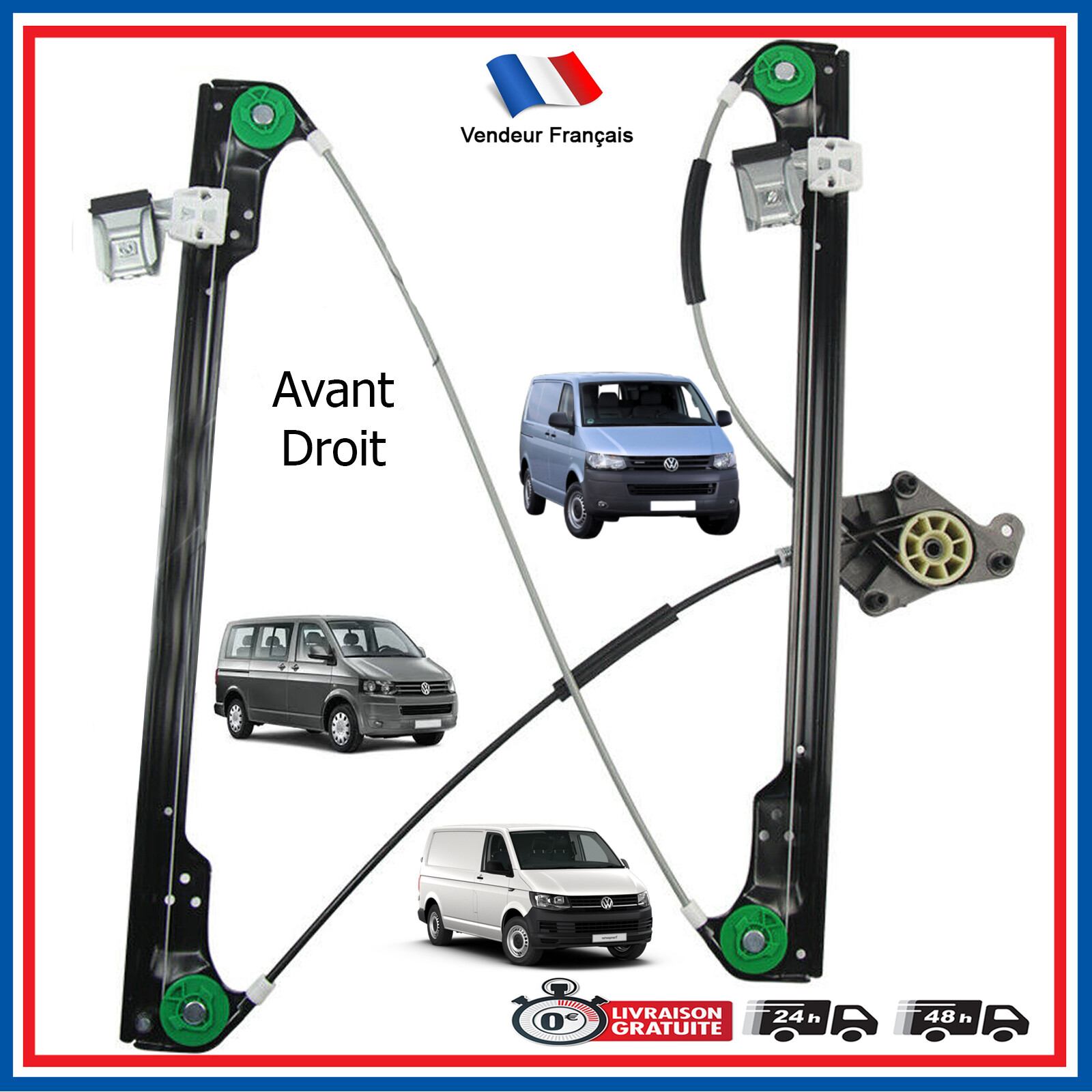 Mécanisme lève-vitre avant droit robuste en acier galvanisé pour Transporter T5