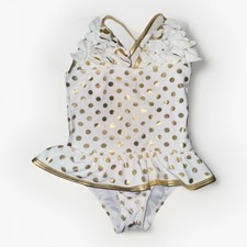 Floatimini Girls Swimsuit Sz 5 White Gold Polka Dots Fashion Ruffles One Piece