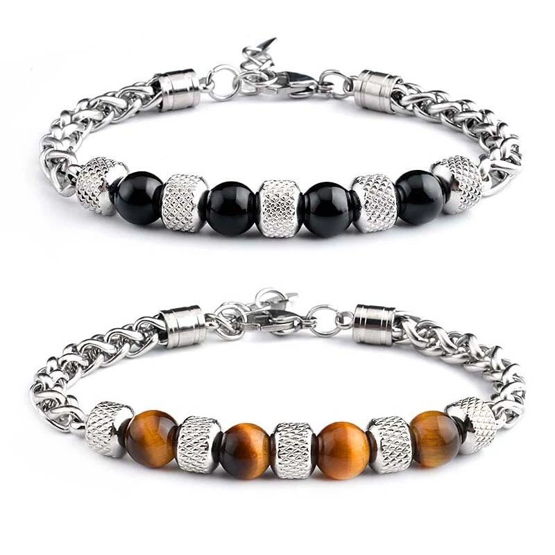 Charm Edelstahl natürliche Tigerauge Stein Perlen Armbänder für Herren Damen
