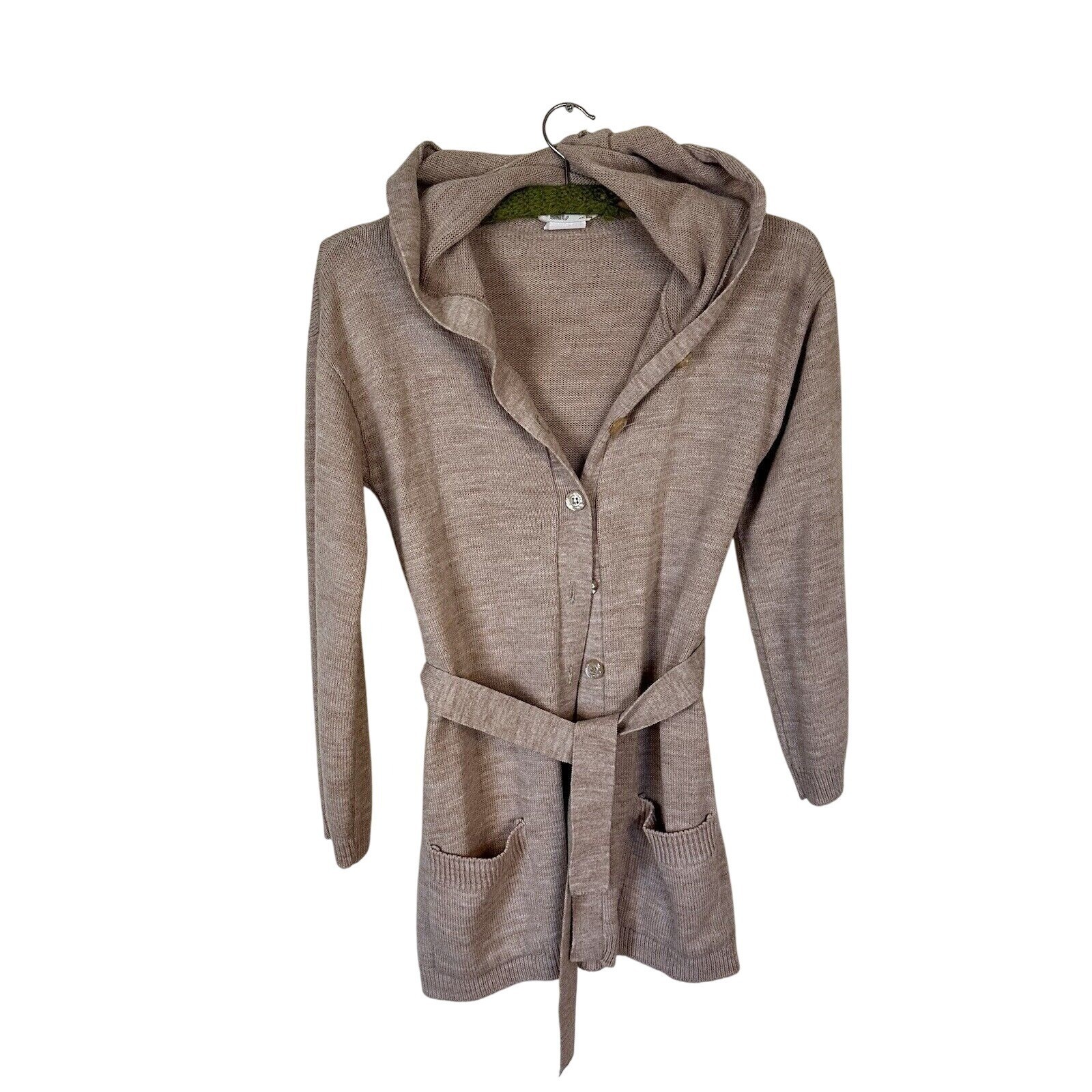 Vintage 90s Tan Knit Button Up Waist Tie Cardigan with Pockets