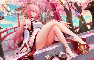 Anime yae miko cherry tree japanese architecture Playmat Gaming Mat Desk 4477