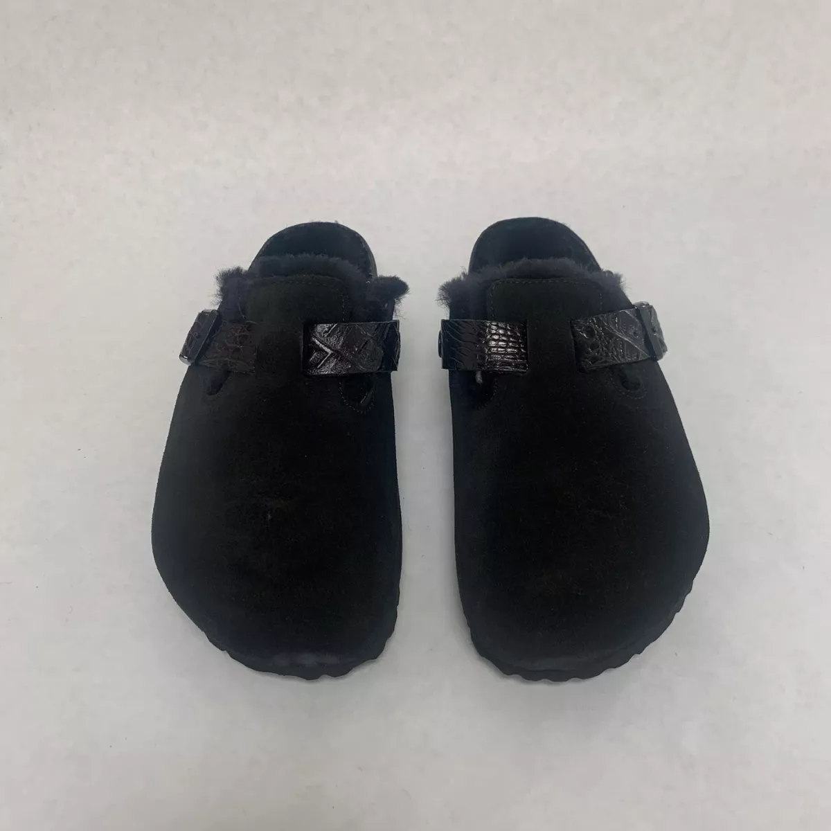 New w o Box Birkenstock Boston VL Shearling Black Clogs Reptile Strap Regular