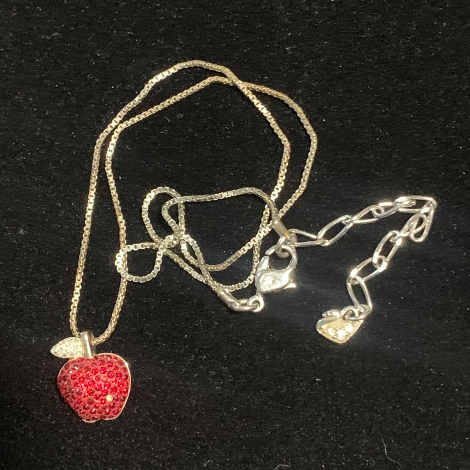Swarovski Silver-Plated Apple Pendant Necklace Red Clear Crystals Adjustable 15" - Image 3 of 4