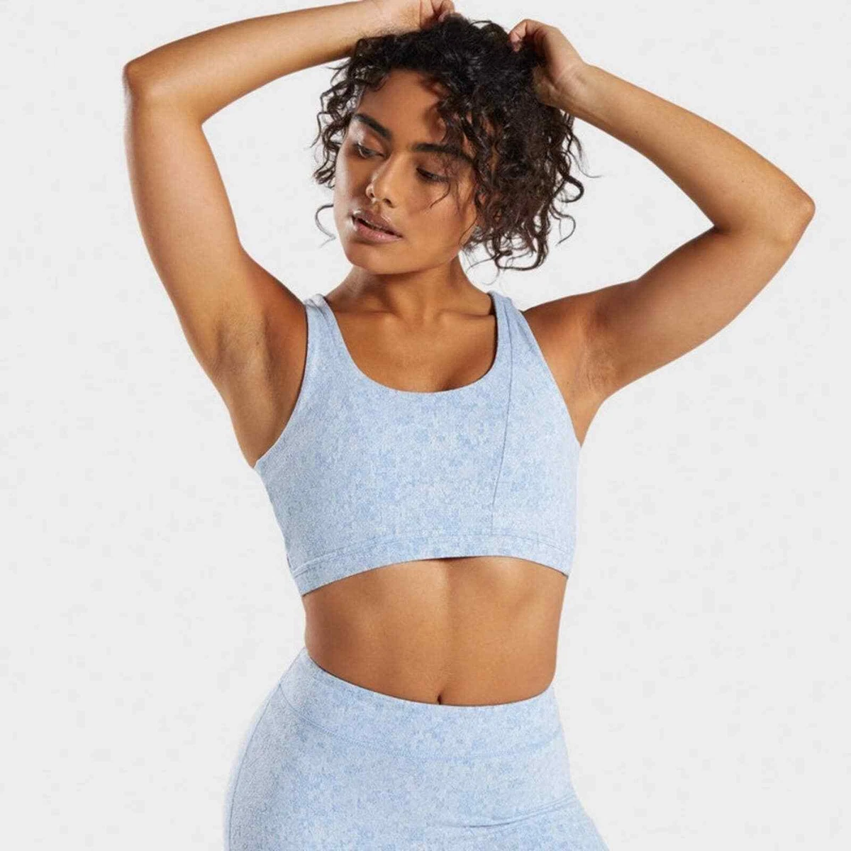 Gymshark Sports Bra XS Blue & White Fleur Texture Overlapping Racerback  Detail