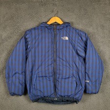 The North Face Kids Reversible 550 Down Puffer Jacket Blue Plaid Navy Size Large