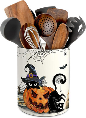 Halloween Kitchen Decor, Ceramic Halloween Cat Utensil Holder | Ceramic Utensils