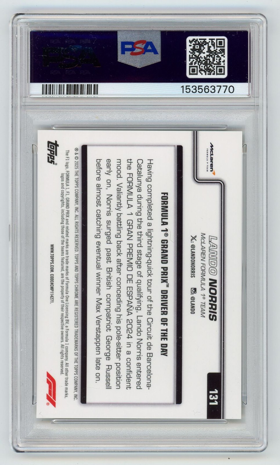 2025 Topps Chrome Formula 1 Lando Norris Gold Raywave  37/50 PSA 9 McLaren F1 view 2