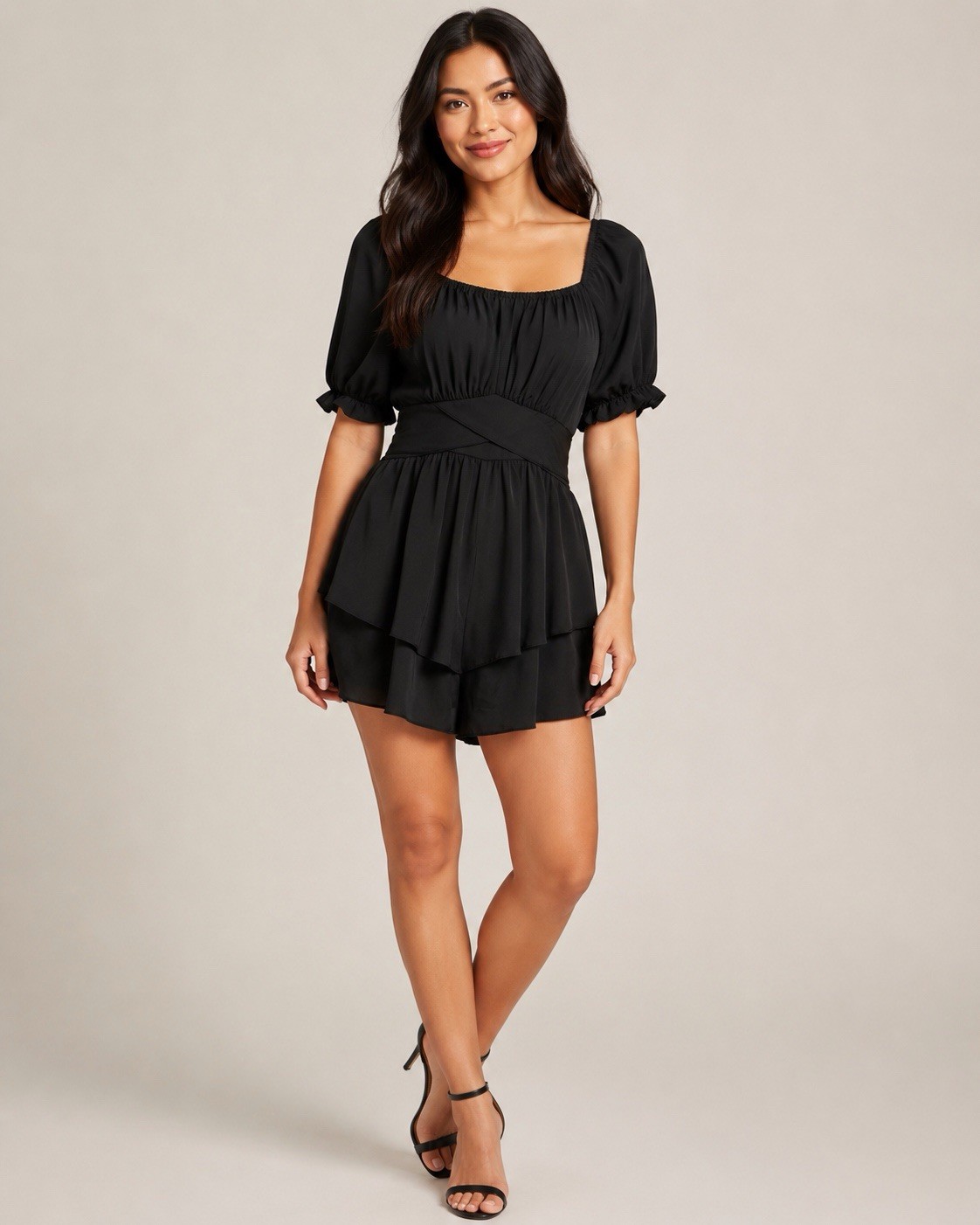 Women’s Black Romper Square Neck Puff Sleeve Ruffle Smocked Back Size 2X
