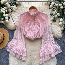Blouse Volants Dentelle Femme Fille Manches Évasées Transparentes Col Rond Fluo
