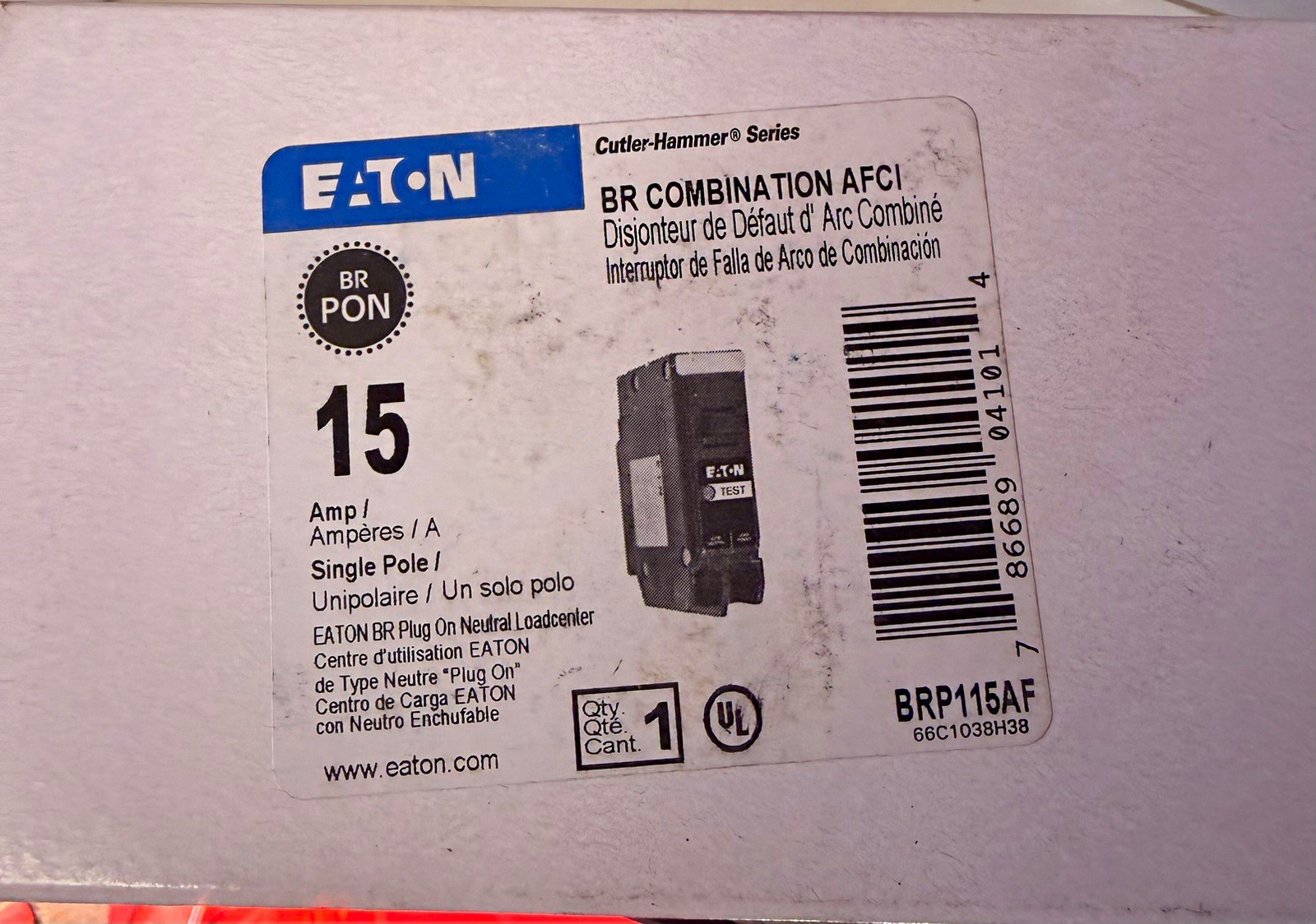(7) Eaton BRP115AF 15A 1-Pole Plug-On Neutral AFCI Circuit Breaker