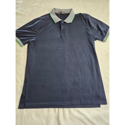 G/FORE Mens Navy Blue Skull Jacquard Polo Shirt Striped Collar Size M Skull