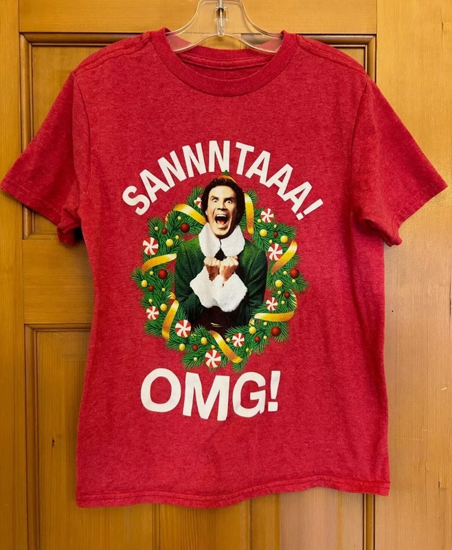EUC Girls' Size 6 (Small) Red Short Sleeve Elf Shirt, Says "Sannntaaa! OMG!"
