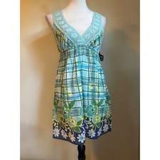 Angie Green Floral Crochet cottage  boho y2k whimsi Cotton Dress Small NWT blue