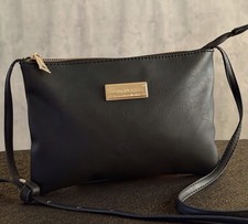 Mango Womens Small Black Textured Leather Gold Hardware Crossbody HandBag