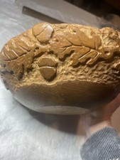 Hand carved Wooden Bowl Oakleaf And Acorn Accents 3D Effect Not Food Safe