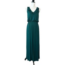 LOFT Ruffle Neck Sleeveless Tassel Tie Back Stretch Jersey Maxi Dress Green MP
