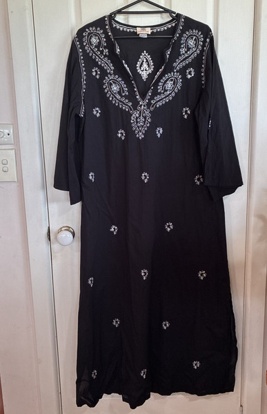 Mango Bay Womens Kaftan Free Size L Black Embroidered Sequins Maxi 3/4 Sleeves