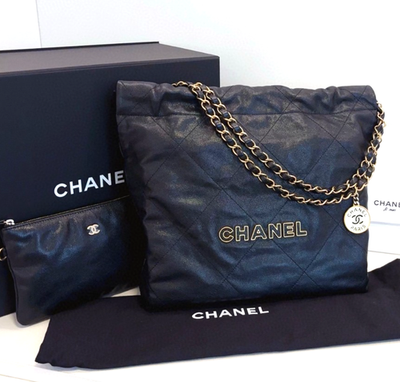 Chanel 22Bag PM Chain Shoulder Bag Black Gold Diamond Women