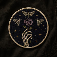 Skeleton Hand Rose Moth Embroidered Patch Iron On Gothic Night Design