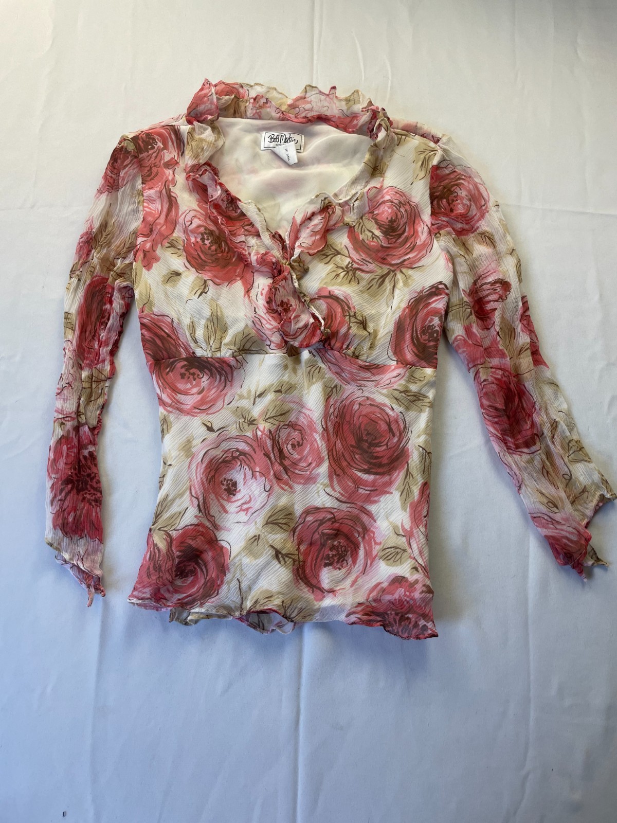 Vintage Bob Mackie Wearable Art Silk Blouse Womens Size 8 Floral Ruffle V-Neck