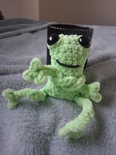Handmade Crocheted Green Frog Plush Stuffed Animal Mini w/ Black Eyes