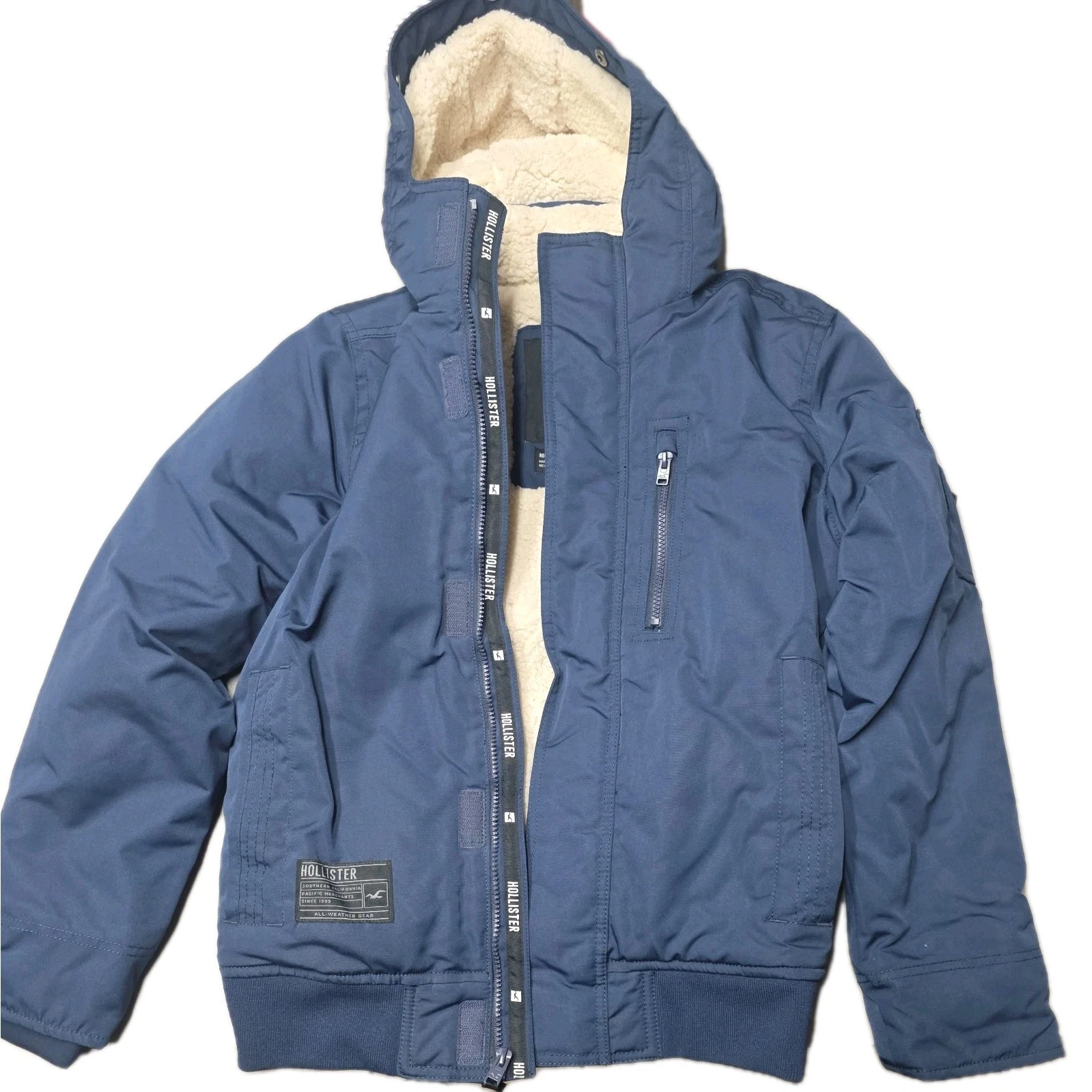 Hollister All Weather Gear Jacket Mens Large Black Sherpa Lined Hooded Full Zip