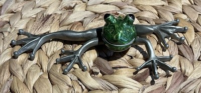 Vintage Pewter Frog Figurine Signed By Stepper Green Enamel