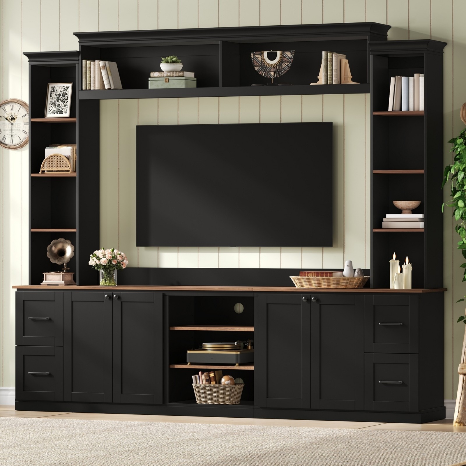 70" Entertainment Center with Adjustable Shelves and Drawers - Farmhouse Black