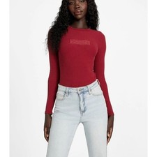 Guess Ribbed Long Sleeve Bodysuit Wine Red Embroidered Logo Size S