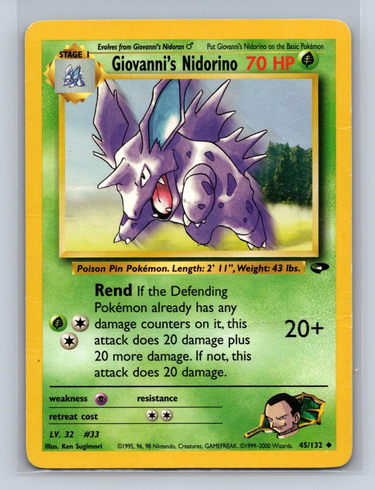 Giovanni's Nidorino 45/132 Uncommon Gym Challenge Pokemon Unlimited Damaged