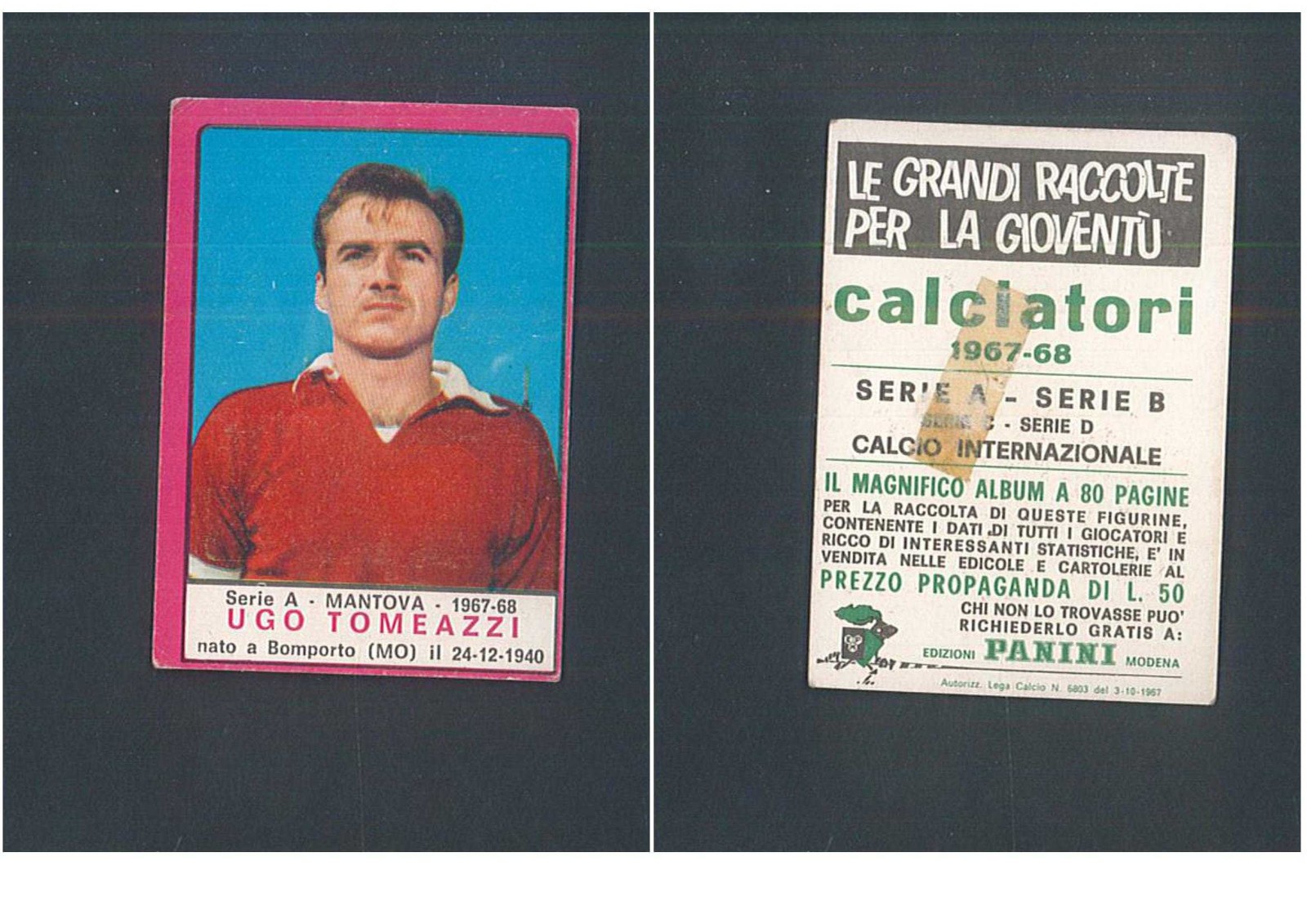 Figurina Calciatori Panini 1967-68 Ugo Tomeazzi (Mantova) Ottima Rec. ▓