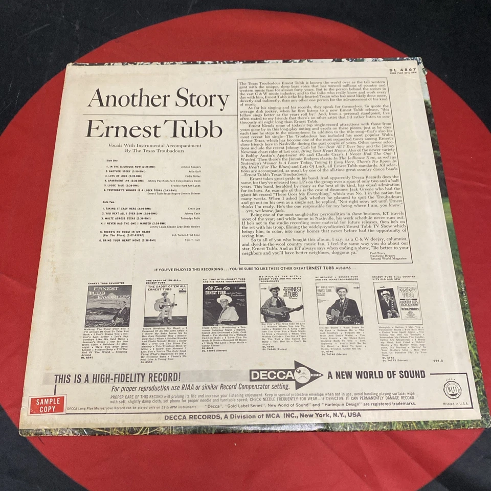 Ernest Tubb - Another Story (1967, Vinyl LP) “Waltz Across Texas” “Apartment #9” - Image 2 of 4