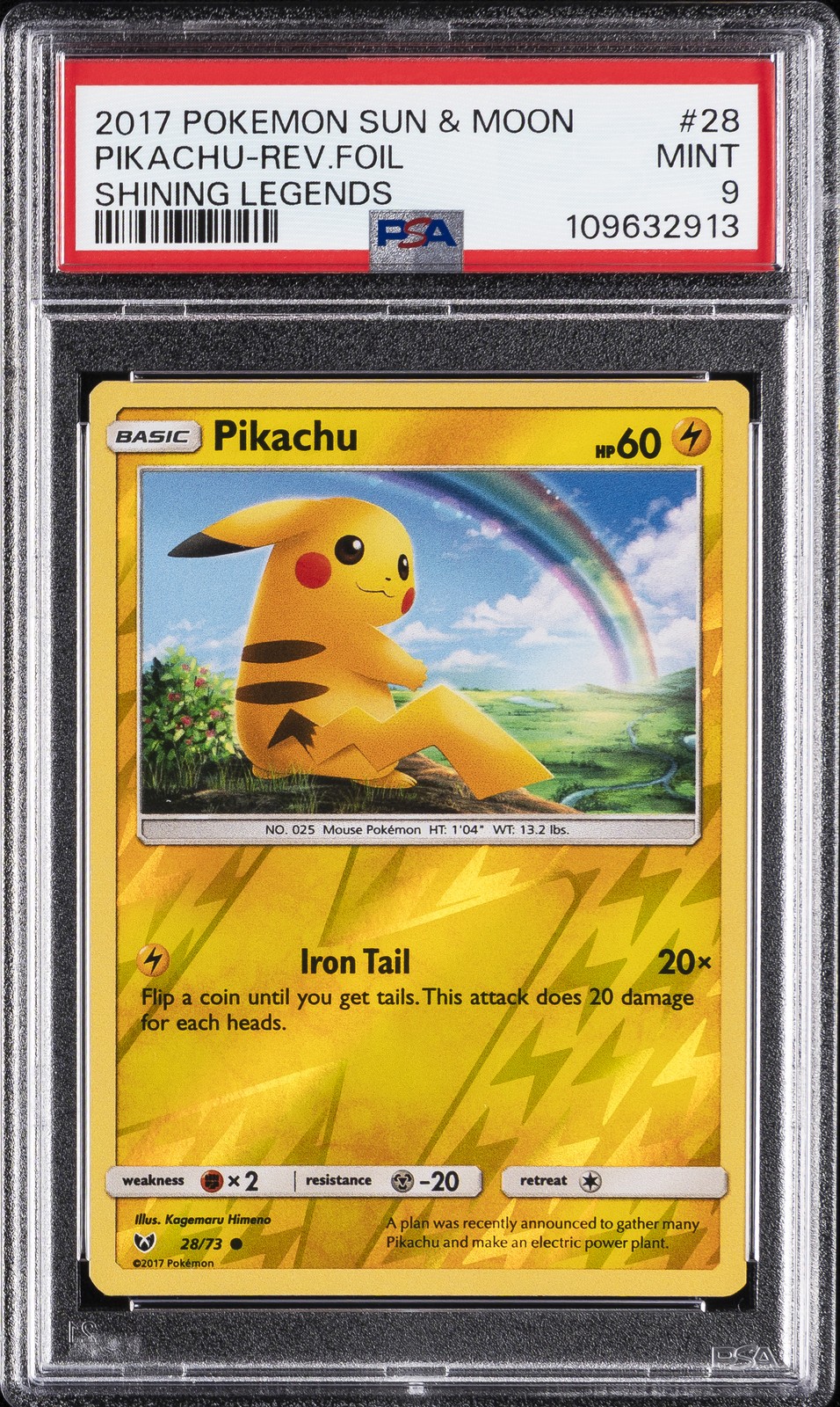 2017 POKEMON SUN & MOON SHINING LEGENDS #28 PIKACHU-REVERSE FOIL PSA 9